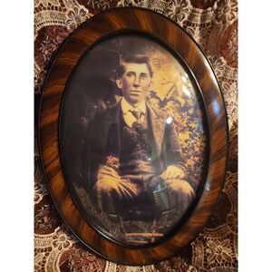 Antique faux Tiger Gesso Wood Picture Frame Convex Bubble Glass Oval